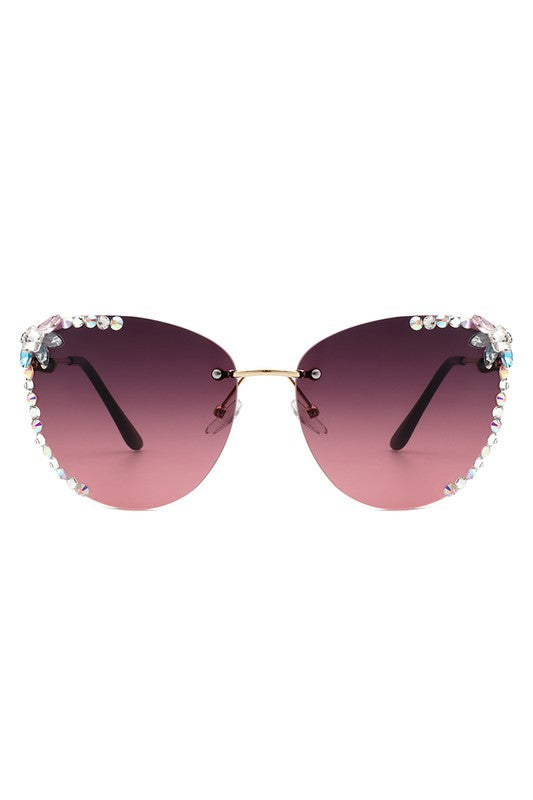 Rimless Rhinestone Fashion Cat Eye Sunglasses