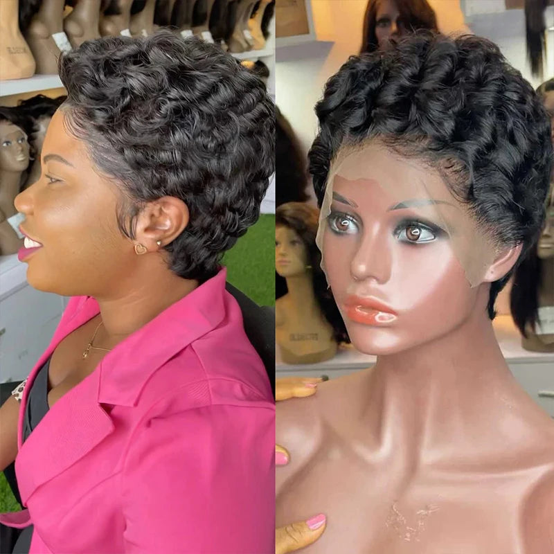 Pixie Curly 100% Human Hair Wig 13x4 Short Bob Wig Pixie Cut #350 Colored 99J Lace Frontal Human Hair Wigs for Black Women