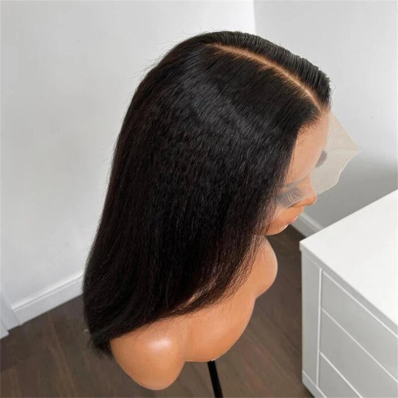 Yaki Black 30Inch Long Kinky Straight Lace Front Wig For Women With Baby Hair Synthetic Preplucked Glueless Daily Wear Wig