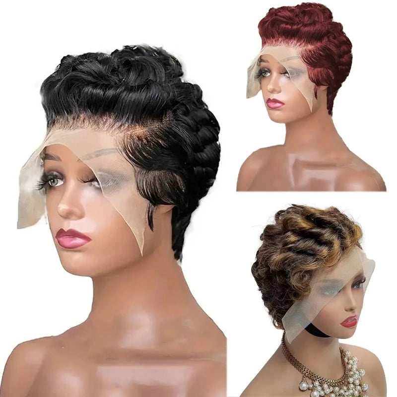 Pixie Curly 100% Human Hair Wig 13x4 Short Bob Wig Pixie Cut #350 Colored 99J Lace Frontal Human Hair Wigs for Black Women