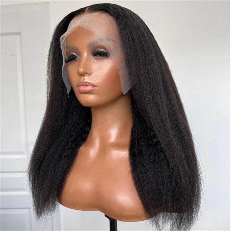 Yaki Black 30Inch Long Kinky Straight Lace Front Wig For Women With Baby Hair Synthetic Preplucked Glueless Daily Wear Wig
