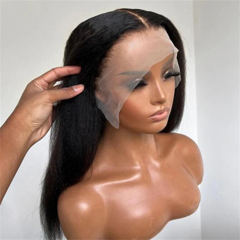 Yaki Black 30Inch Long Kinky Straight Lace Front Wig For Women With Baby Hair Synthetic Preplucked Glueless Daily Wear Wig