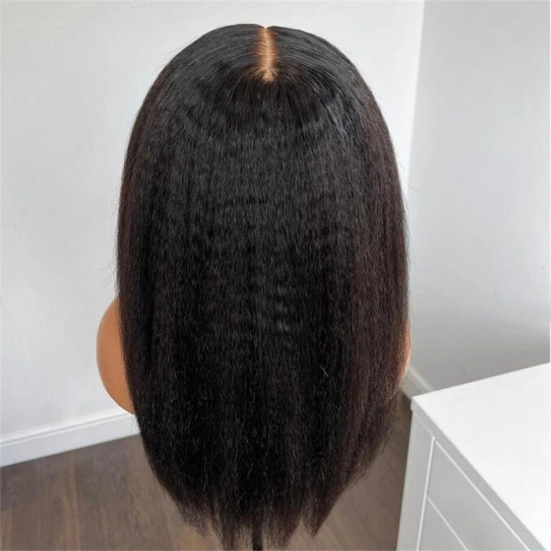 Yaki Black 30Inch Long Kinky Straight Lace Front Wig For Women With Baby Hair Synthetic Preplucked Glueless Daily Wear Wig