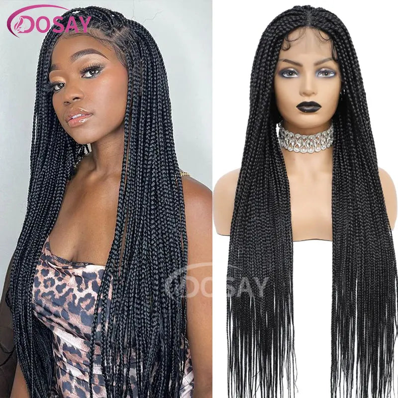36" Full Lace Braided Wigs Synthetic Box Braids Lace Front Wigs Knotless Braided Wigs For Black Women Small Box Square Hair Wigs