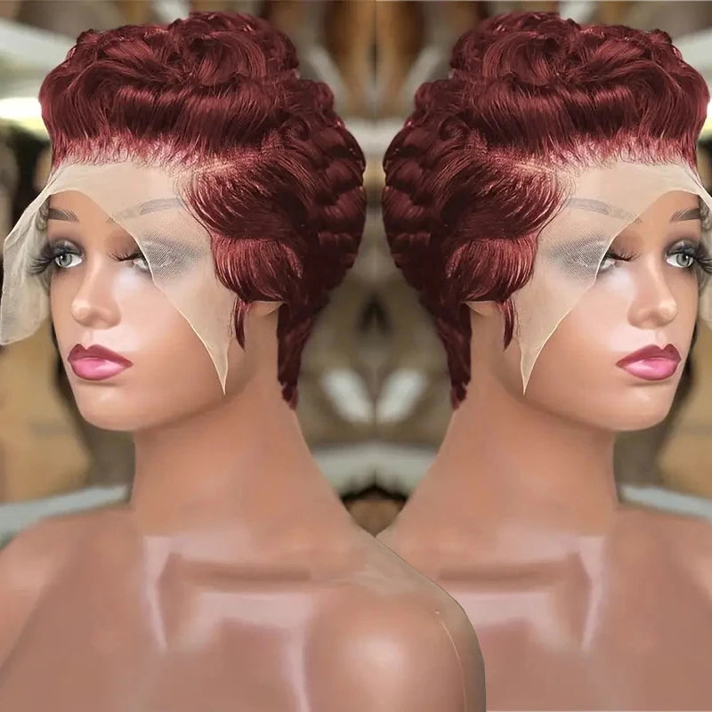 Pixie Curly 100% Human Hair Wig 13x4 Short Bob Wig Pixie Cut #350 Colored 99J Lace Frontal Human Hair Wigs for Black Women