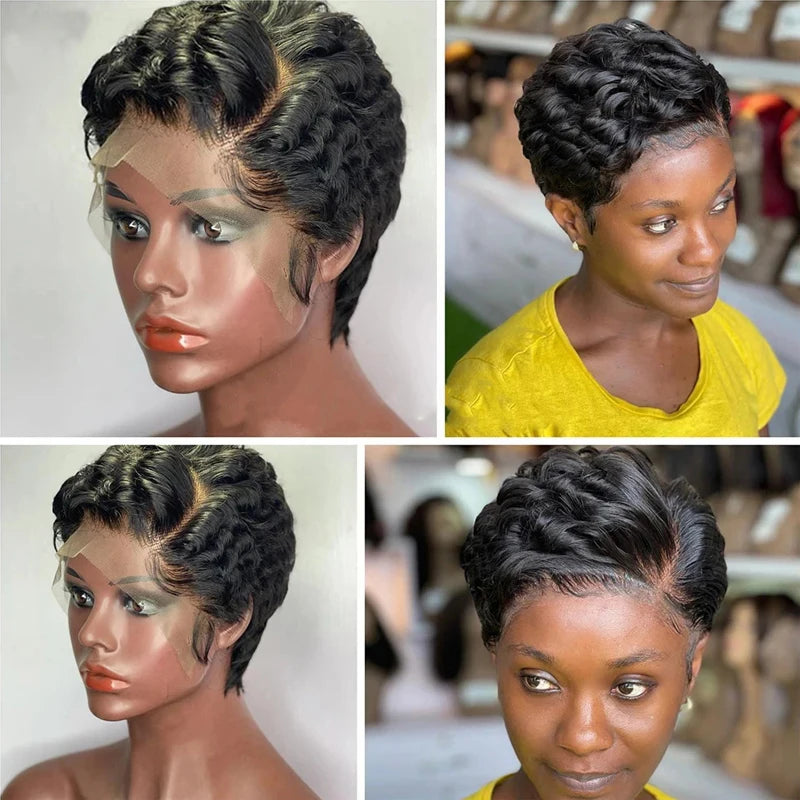 Pixie Curly 100% Human Hair Wig 13x4 Short Bob Wig Pixie Cut #350 Colored 99J Lace Frontal Human Hair Wigs for Black Women