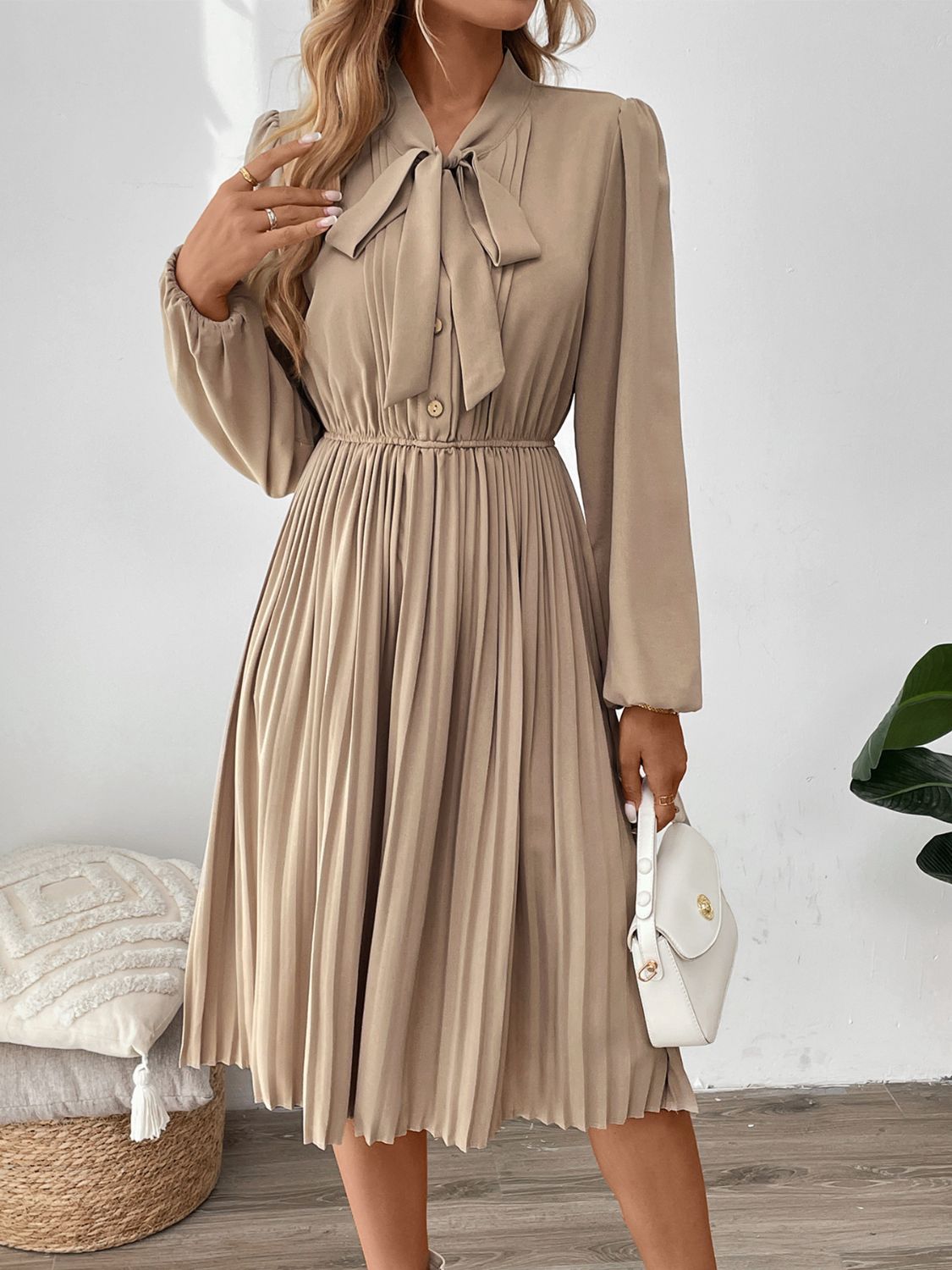 Perfee Pleated Tie Neck Long Sleeve Dress