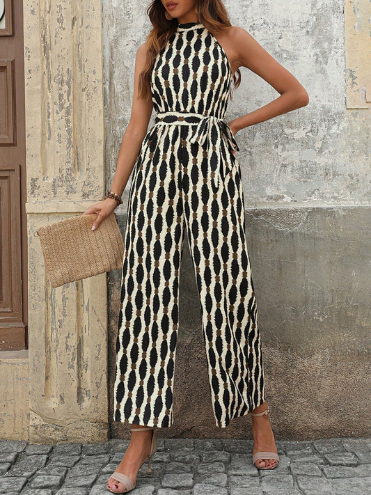 Tied Printed Grecian Neck Jumpsuit