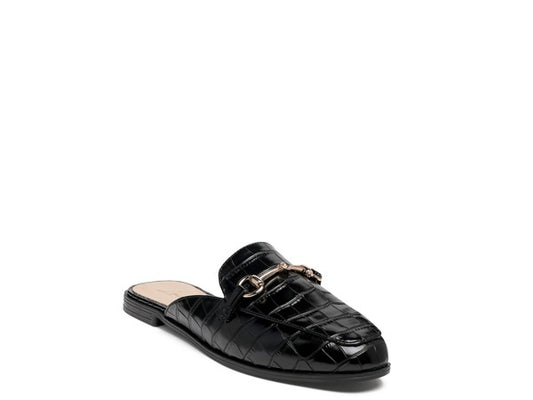 BUCKLED FAUX LEATHER CROC MULES