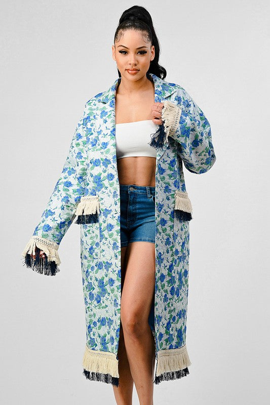 FLORAL PRINT TASSLE TRENCH COAT