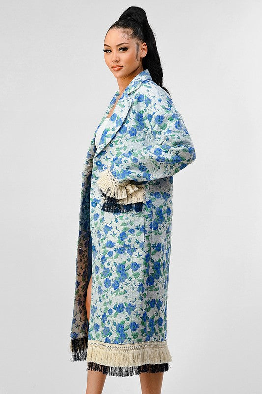 FLORAL PRINT TASSLE TRENCH COAT