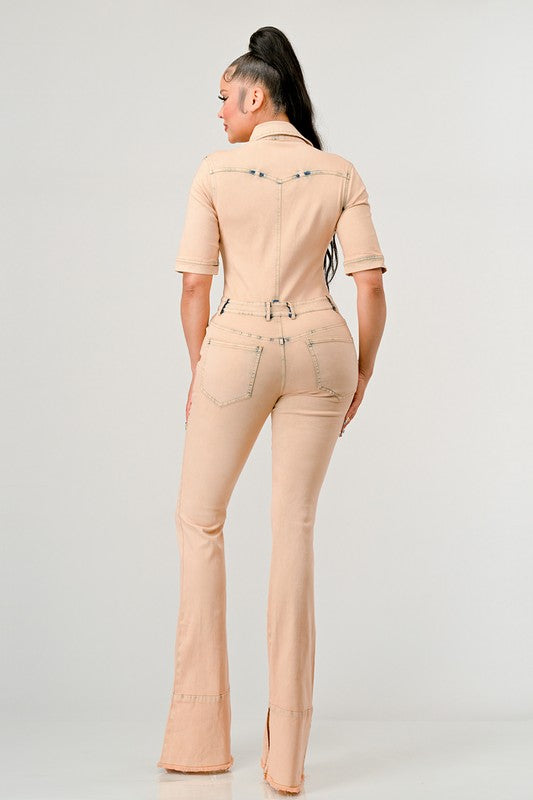 WASHED DENIM HALF SLEEVE JUMPSUIT