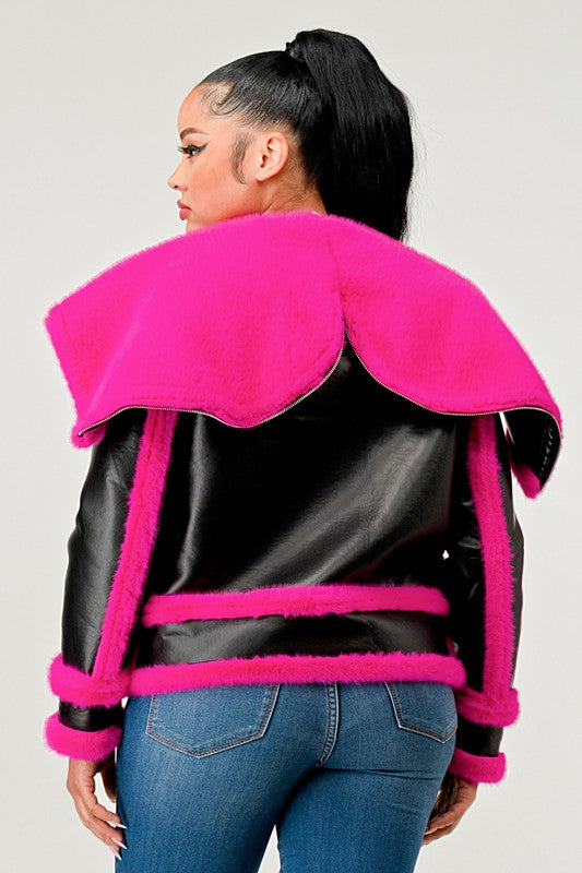 statement pink Faux Fur Aviator Jacket