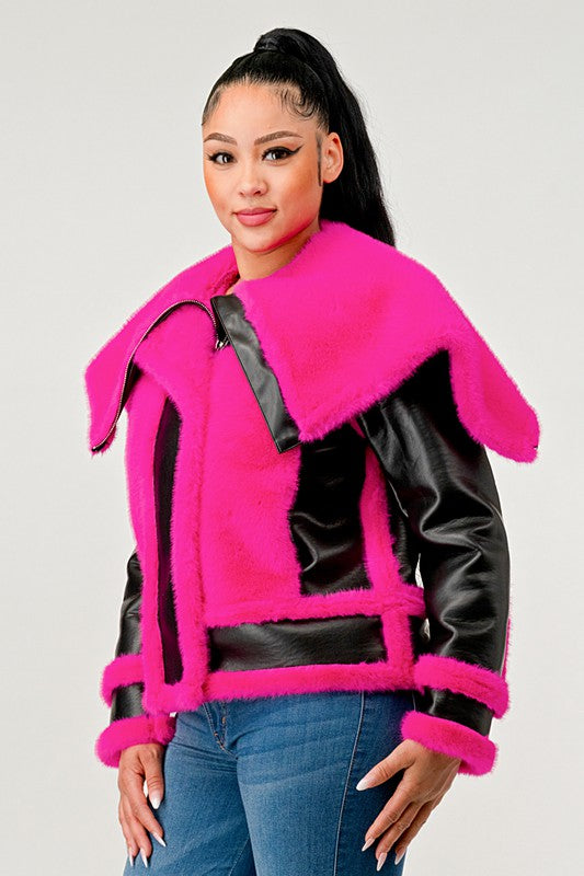 statement pink Faux Fur Aviator Jacket