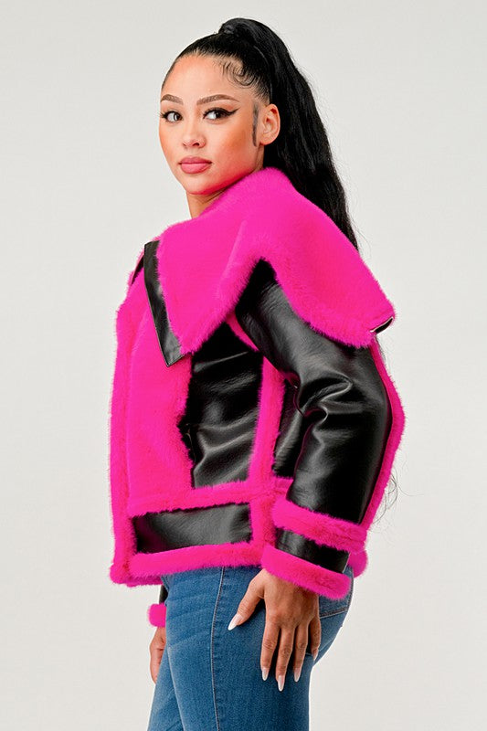 statement pink Faux Fur Aviator Jacket