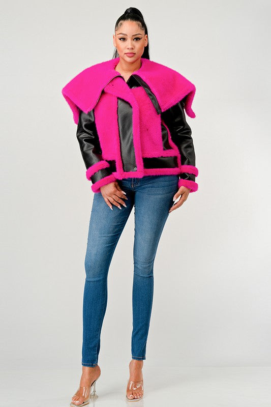 statement pink Faux Fur Aviator Jacket