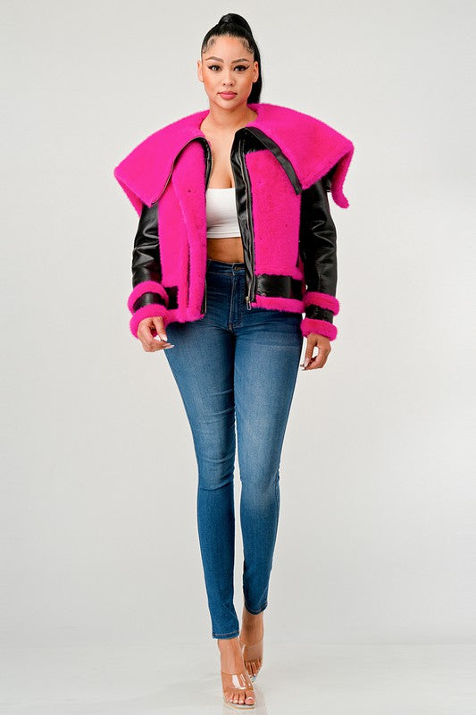 statement pink Faux Fur Aviator Jacket