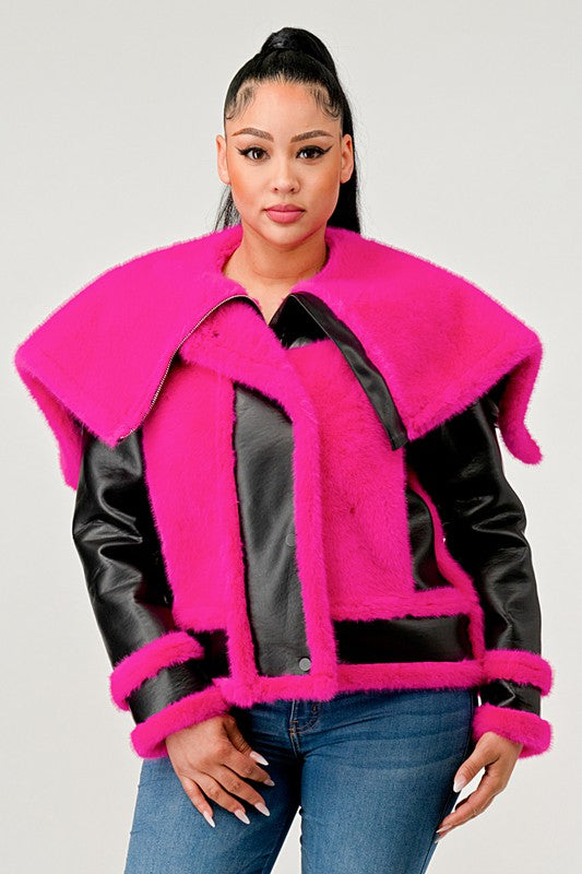 statement pink Faux Fur Aviator Jacket