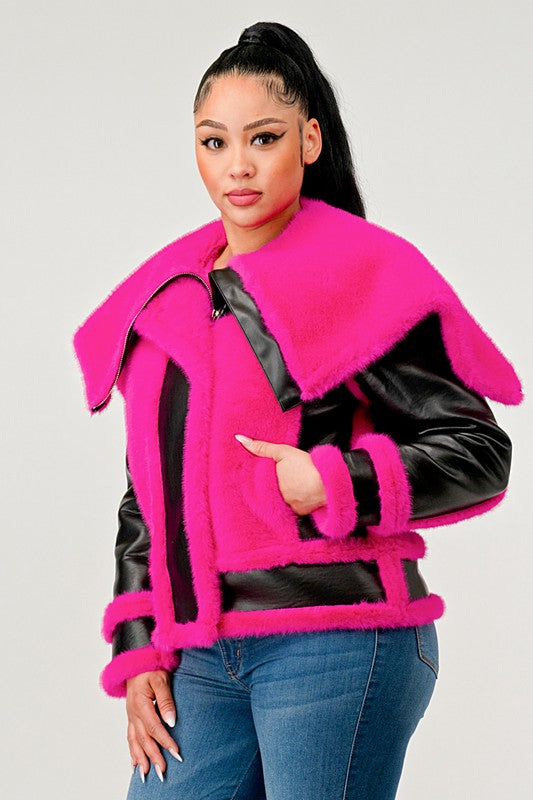 statement pink Faux Fur Aviator Jacket