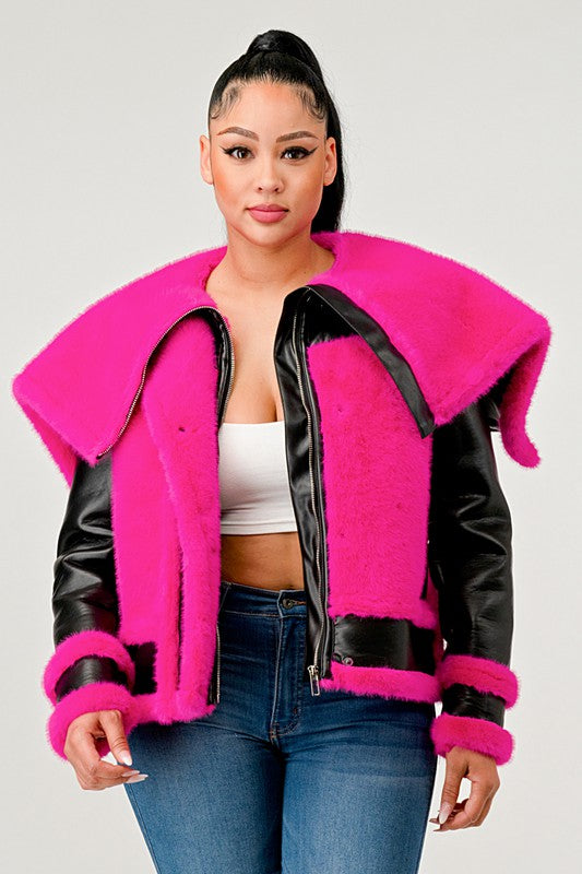 statement pink Faux Fur Aviator Jacket