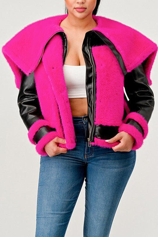 statement pink Faux Fur Aviator Jacket