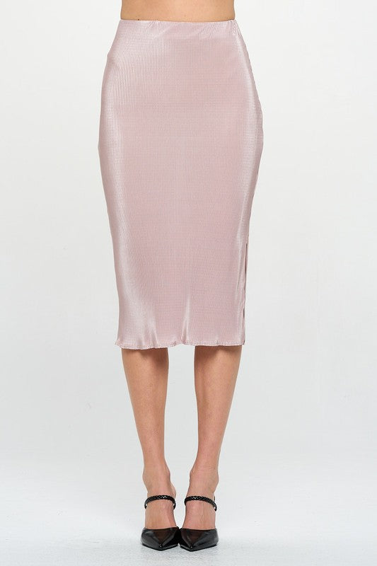 Solid Plisse Midi Skirt with Slit