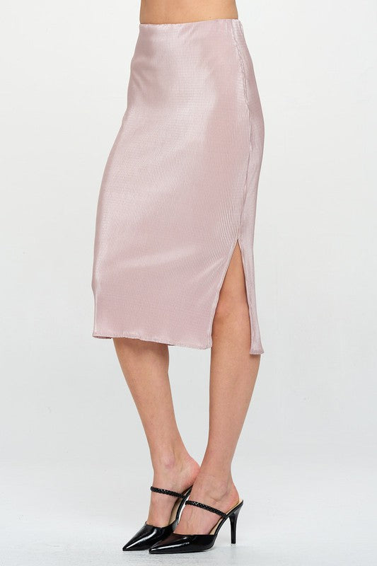 Solid Plisse Midi Skirt with Slit