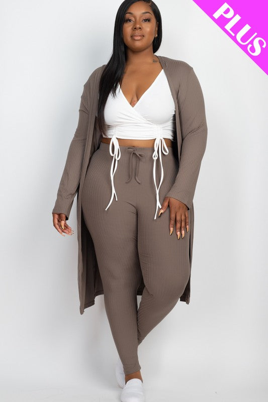 Plus Size Ribbed Long Cardigan & Leggings Set