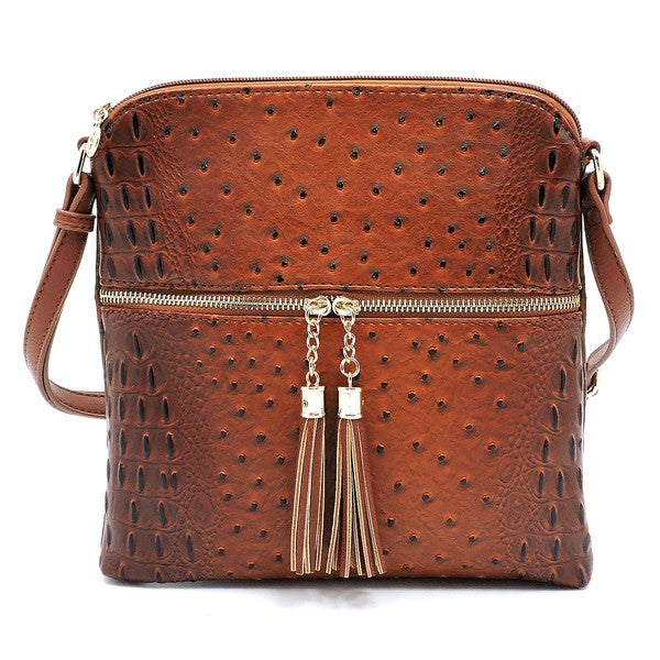 Ostrich Croc Zip Tassel Crossbody Bag