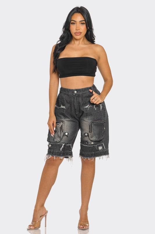 Utility-Chic Frayed Denim Casual Cargo Shorts