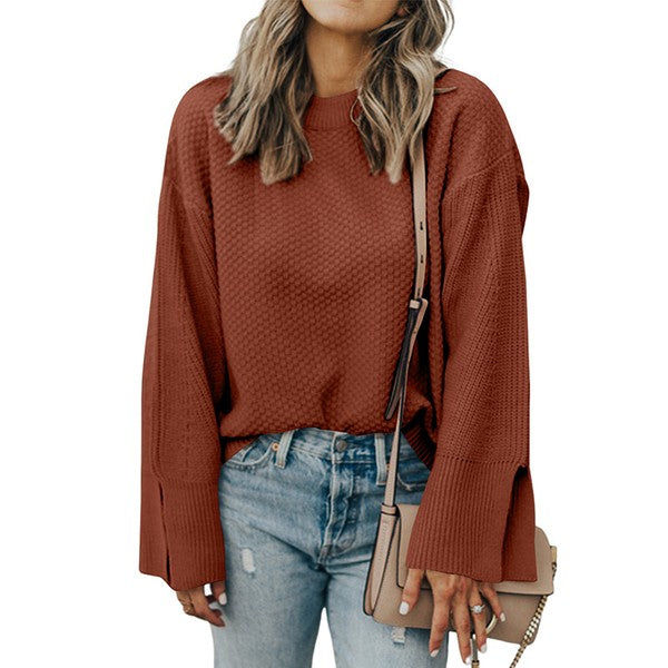 Solid Knit Split Cuff Drop Shoulder Sweater