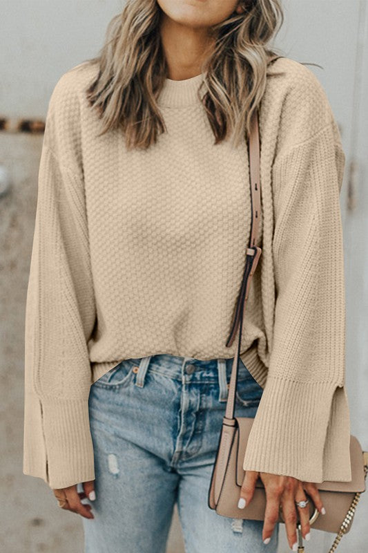 Solid Knit Split Cuff Drop Shoulder Sweater