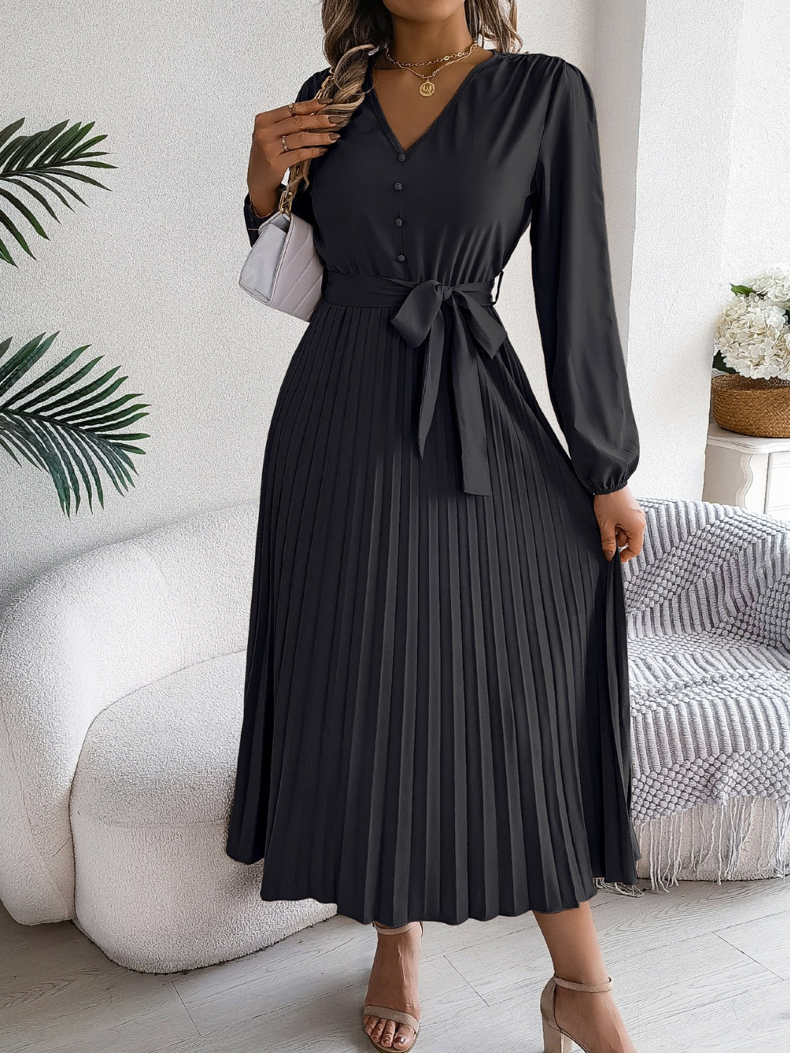 Pleated Tied V-Neck Long Sleeve Dress