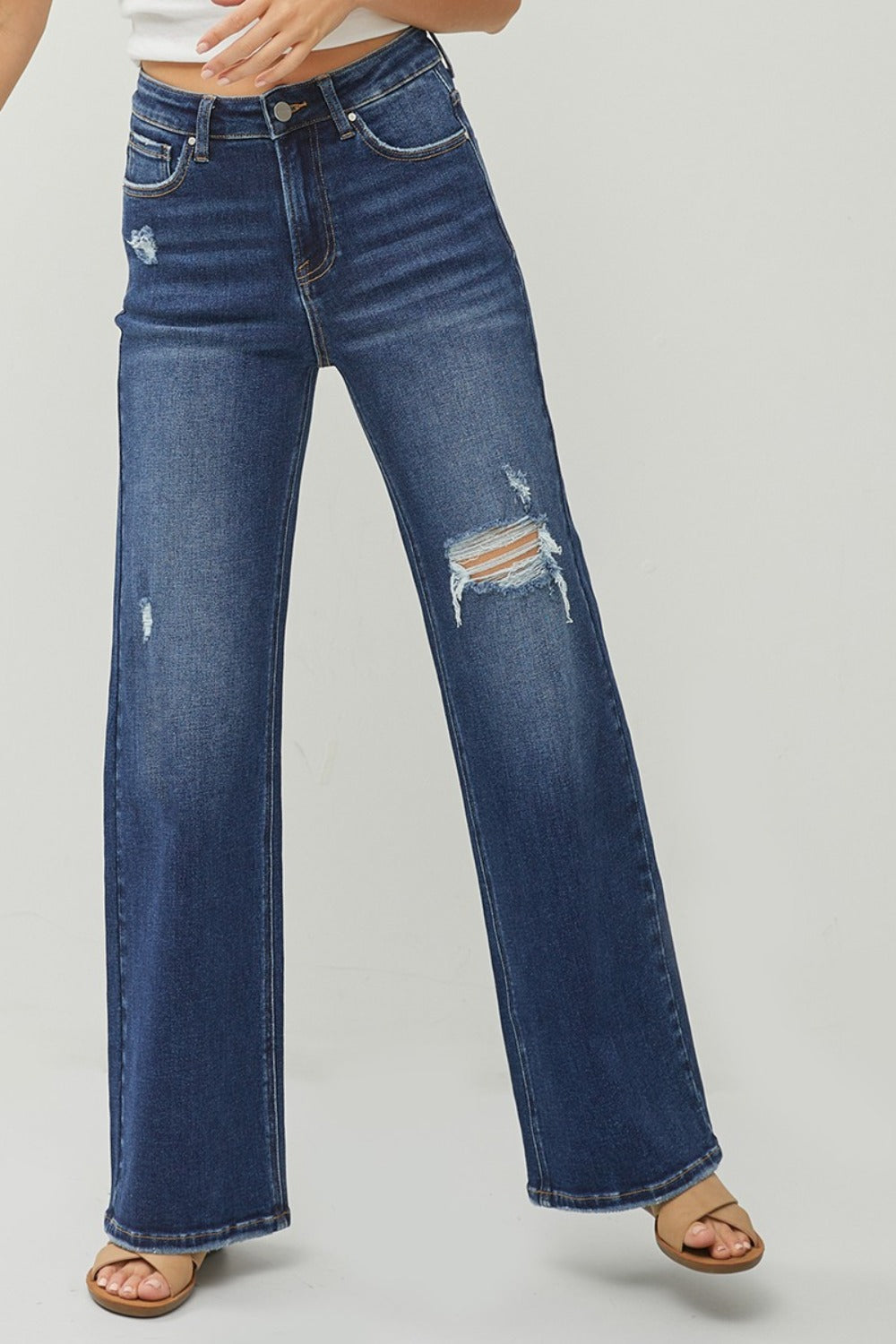 RISEN Full Size High Rise Distressed Wide Leg Jeans