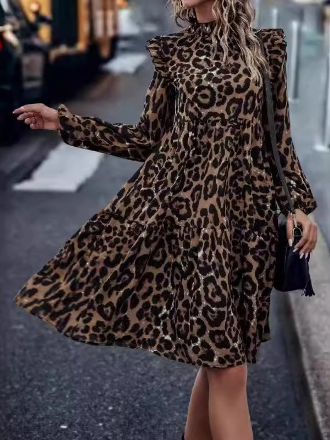 Ruffled Leopard Mock Neck Long Sleeve Mini Dress