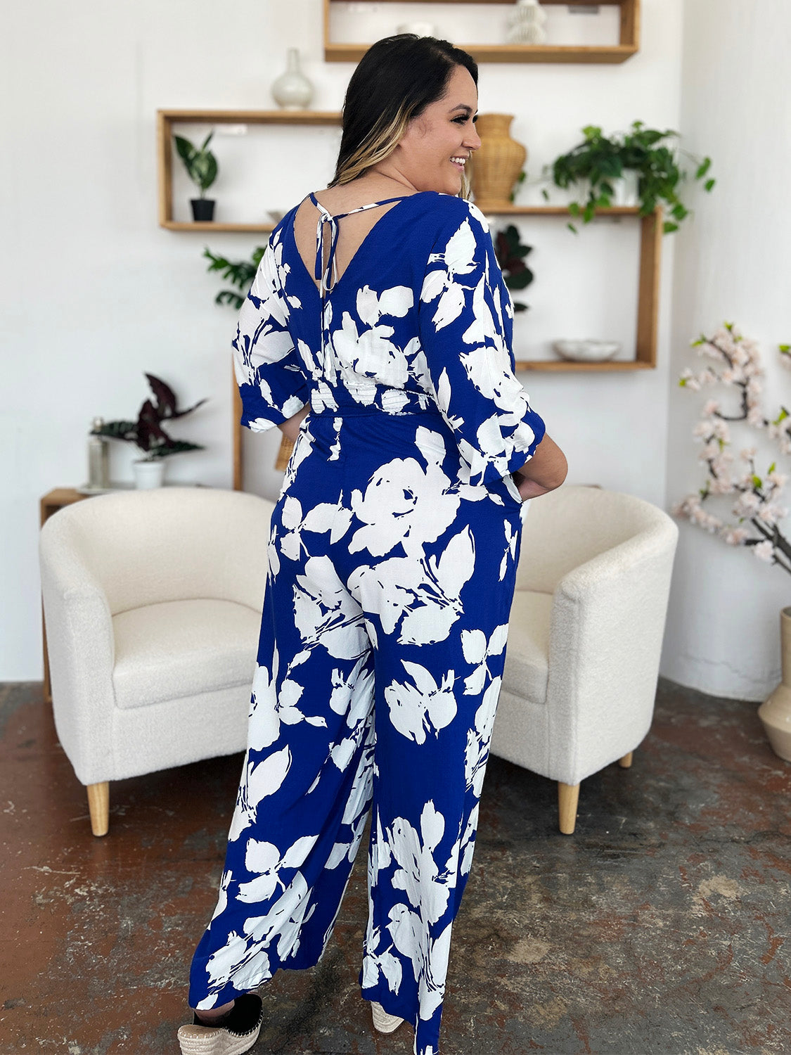 Double Take Full Size Printed Tie Back Wide Leg Jumpsuit