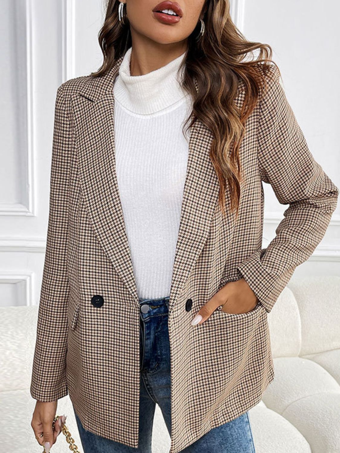 Perfee Plaid Lapel Collar Long Sleeve Blazer