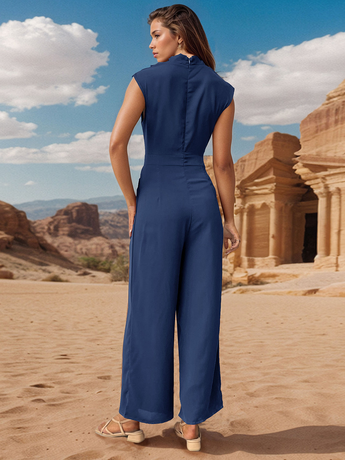 Perfee Ruched Mock Neck Sleeveless Jumpsuit