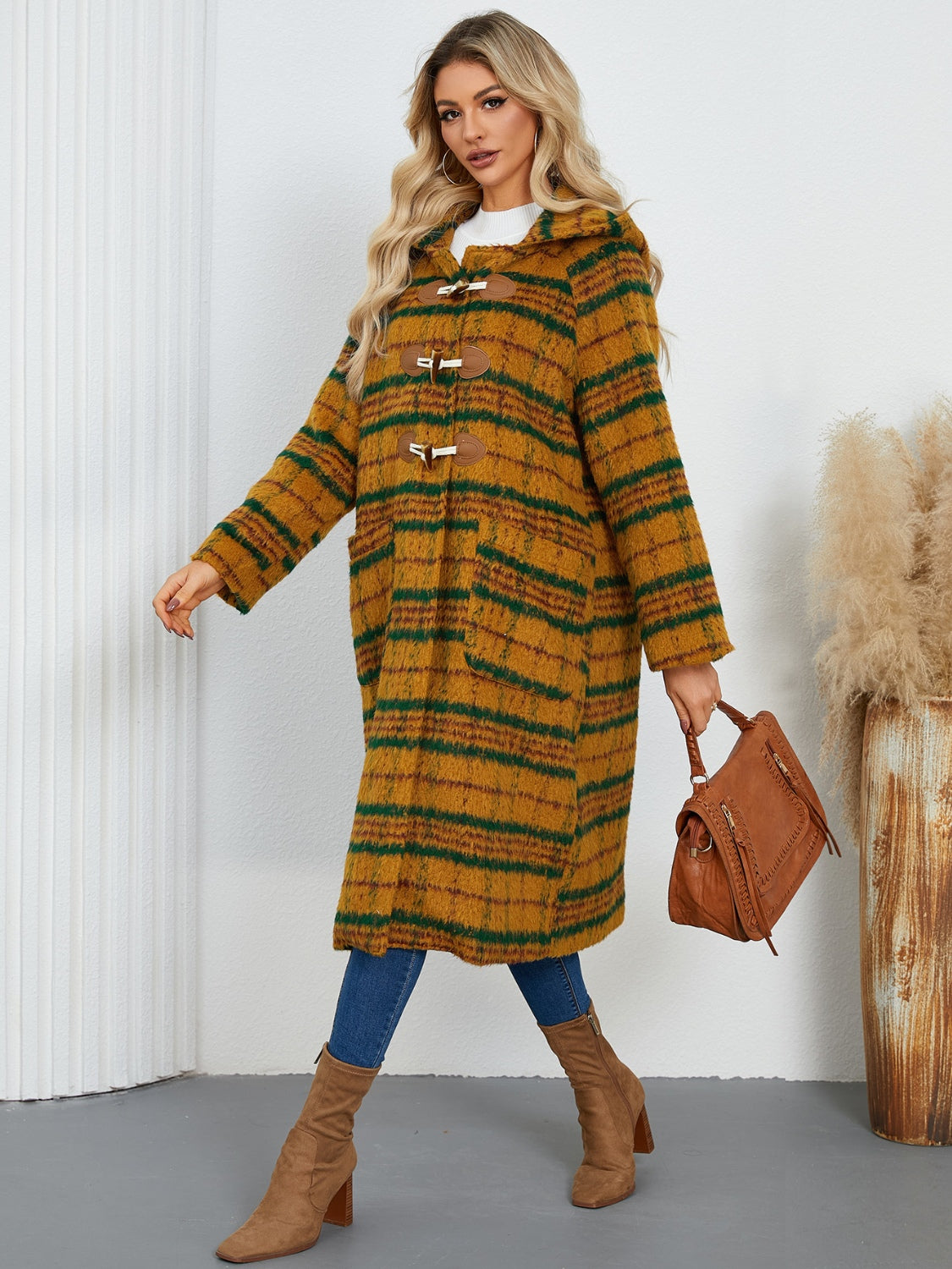 Plaid Long Sleeve Hooded Coat with Pockets