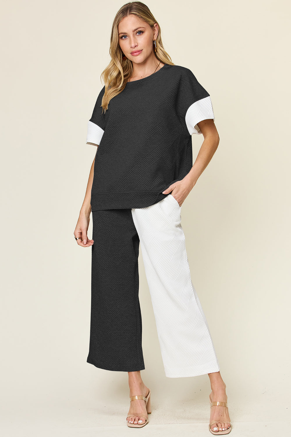 Double Take Full Size Texture Contrast T-Shirt and Wide Leg Pants Set