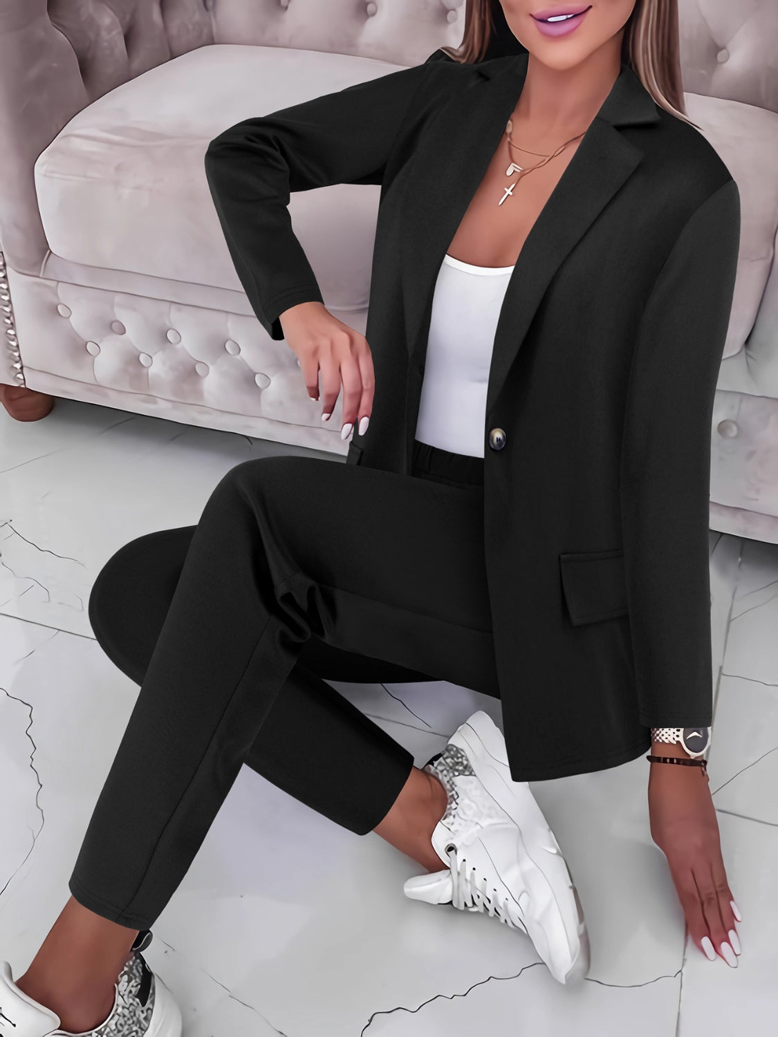 Lapel Collar Long Sleeve Top and Pants Set