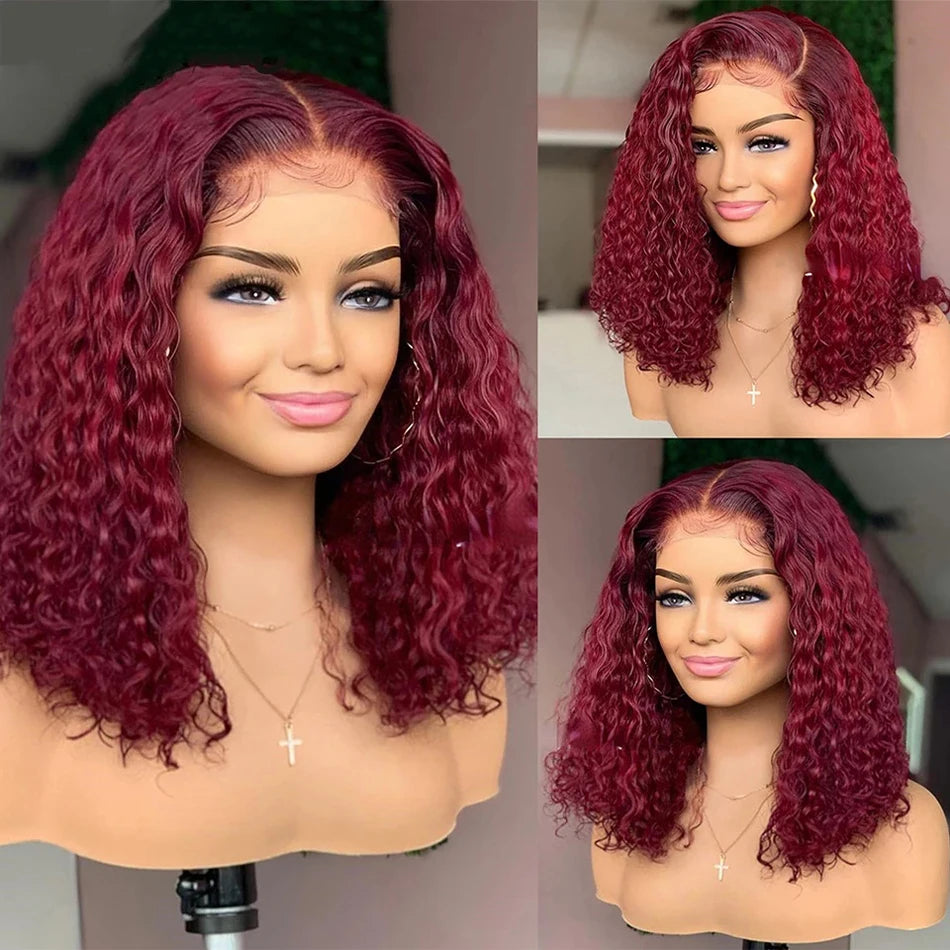 99J Red Deep Water Wave 200% Density Burgundy Short Bob 100% Human Hair 13x4 Lace Frontal Wig Brazilian Remy Closure Curly Wigs