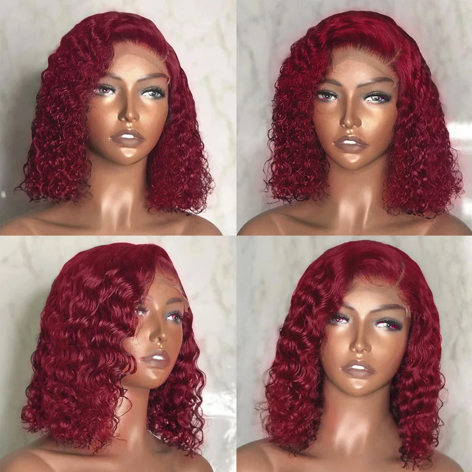 99J Red Deep Water Wave 200% Density Burgundy Short Bob 100% Human Hair 13x4 Lace Frontal Wig Brazilian Remy Closure Curly Wigs