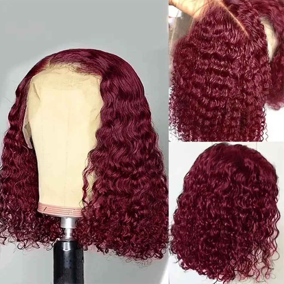 99J Red Deep Water Wave 200% Density Burgundy Short Bob 100% Human Hair 13x4 Lace Frontal Wig Brazilian Remy Closure Curly Wigs