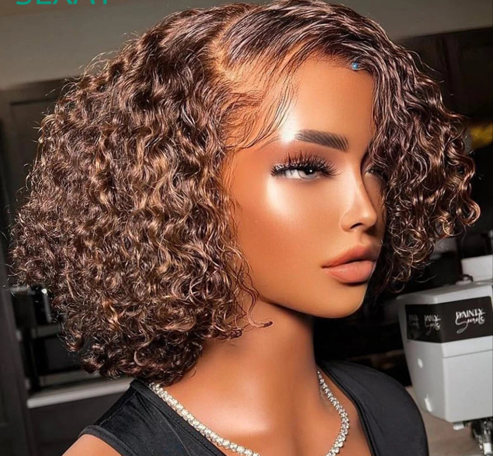 Water Wave Short Bob Wig #4 Brown Color Sexay 100% Ocean Curly Human Hair Wigs 180 Density 13x4 HD Transparent Lace Frontal Wig