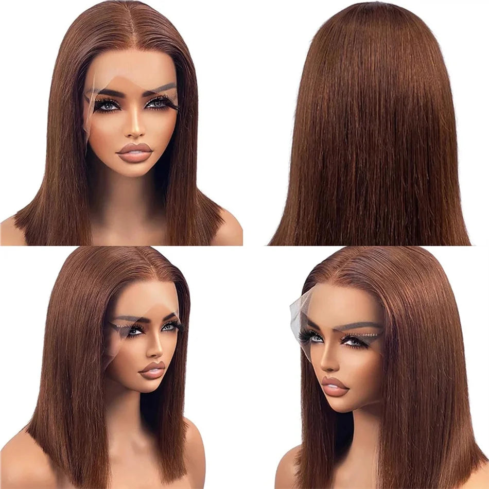 12A Double Drawn 180% Density Bone Straight Hair Bob Wig 13x4 Lace Front Wig 10-16 Inches Chocolate Brown Human Hair Wig