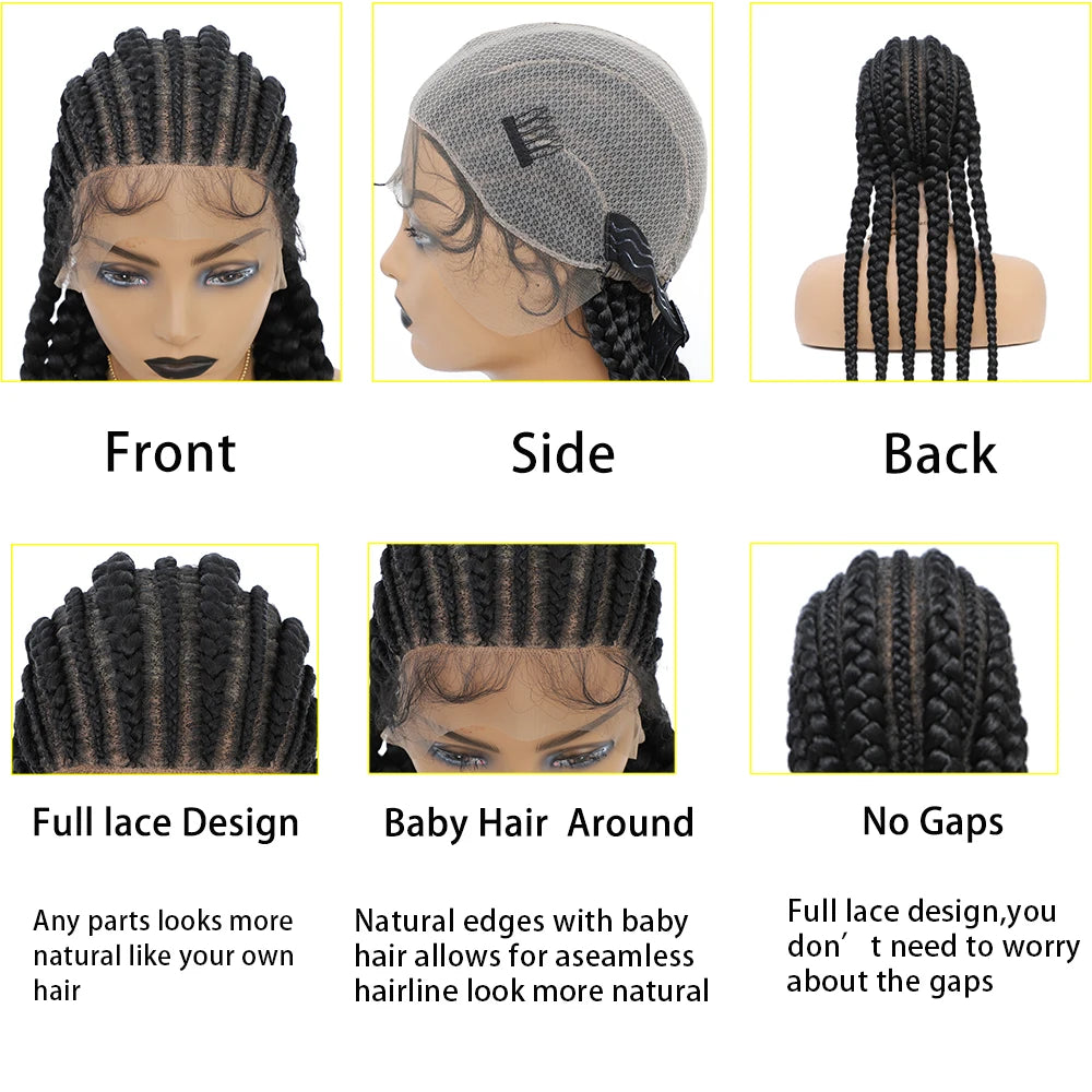 Synthetic Full Lace Cornrow Box Braided Wig 36" Lace Front Wigs Jumbo Braids Wig For Black Africa Women Braids Wig Braiding Wigs