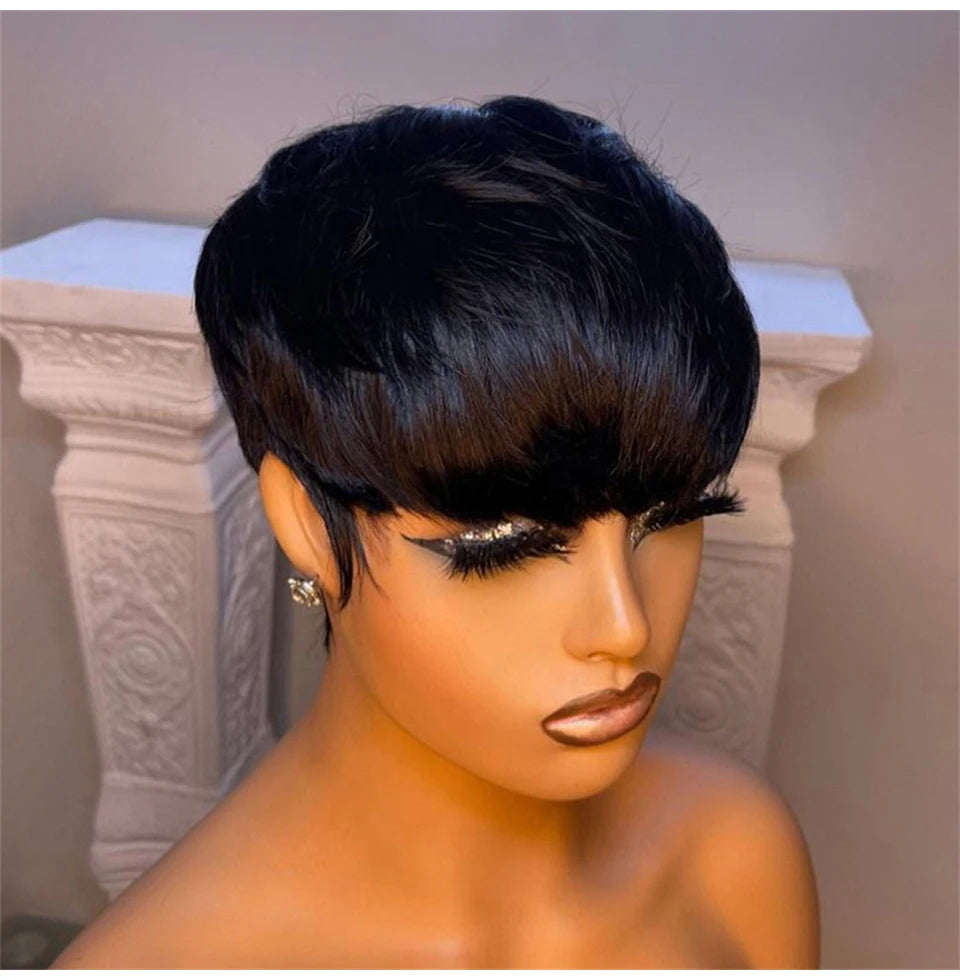 Short Straight Bob Wig Pixie Cut Wig Human Hair For Black Women With Bangs Brazilian Virgin Hair Non Lace front Cheap Wig Black