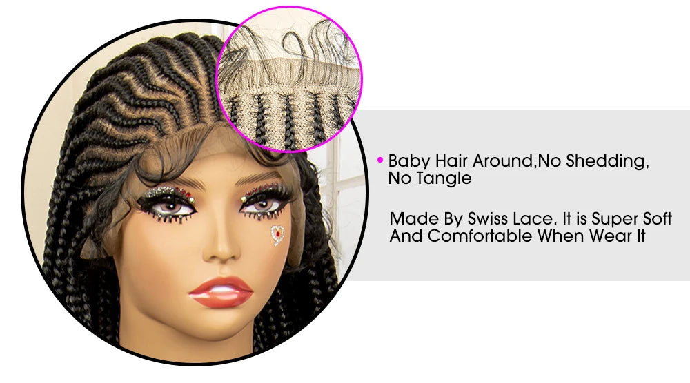 Full Lace Cornrow Braided Wigs Synthetic Knotless Box Braids Wig for Black Women 34 Inches Handmade Lace Frontal Braiding Wig