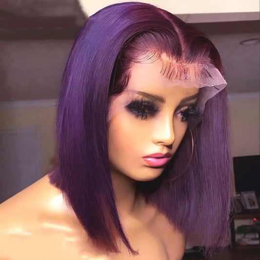 Dark Purple Bob Lace Front Wigs Human Hair Colored 13x4 Lace Frontal Short Straight Purple Bob Wig Pre Plucked with Baby Hair